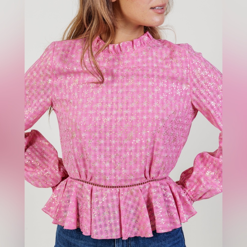 Stine Goya Medium‎ Shirley Top Stars Pink Long Sleeve Peplum Open Back Blouse